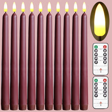Load image into Gallery viewer, 10 Burgundy Flameless 11'' Wax Coverd Taper Candles with 2 Remote Controls