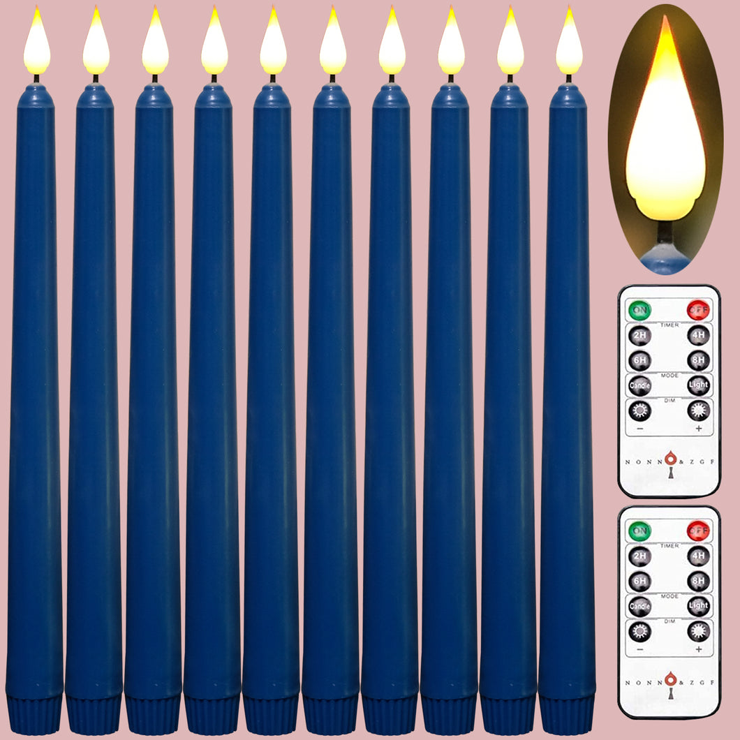 10 Pack Dark Blue Wax Covered 11 inch Flameless Taper Candles with 2 Remote Controls