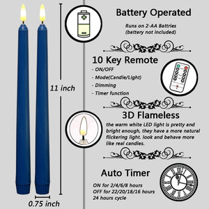 10 Pack 11 inch Dark Blue Flameless Taper Candles with 2 Remote Controls