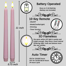 Load image into Gallery viewer, 10 Pack 11 inch Pink Flameless WAX Coverd Taper Battery Candles with 2 Remote
