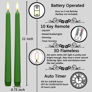 10 Pack 11 inch Green Flameless Taper Candles with 2 Remote Controls